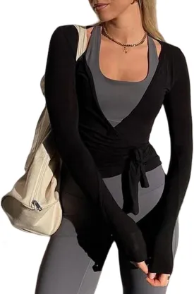 Women Wrap Top Long Sleeve Deep V Neck Cross Tie Workout Ballet Pilates Yoga Shirt