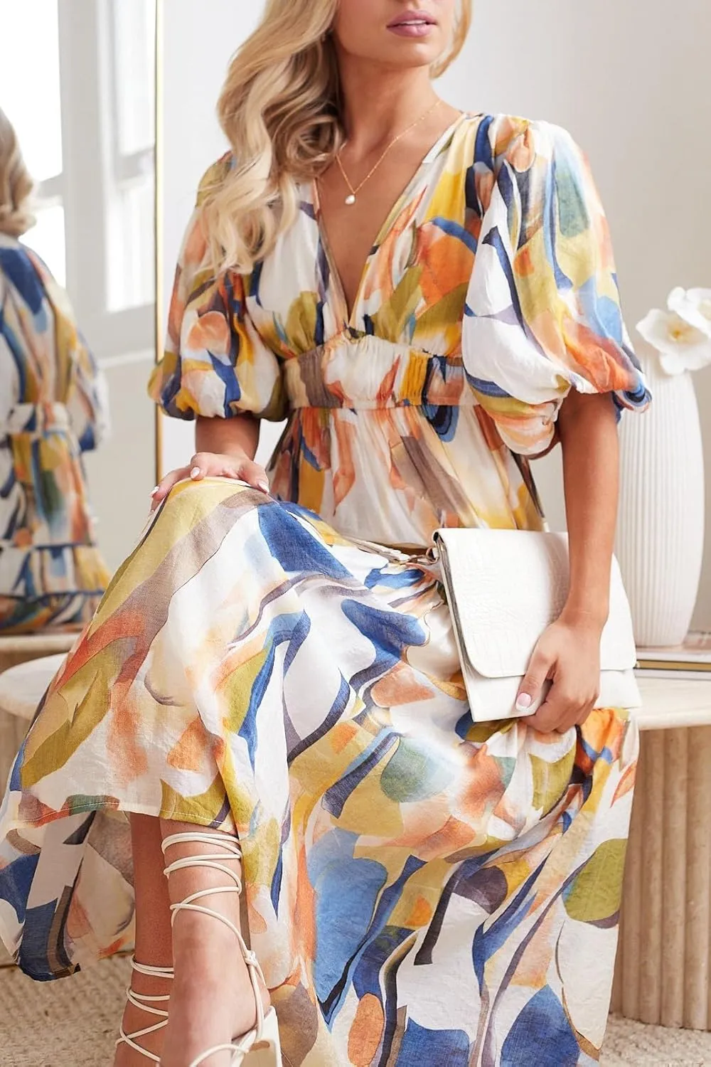 Women's Boho Floral Print Midi Dress Short Sleeve Summer Long Dress