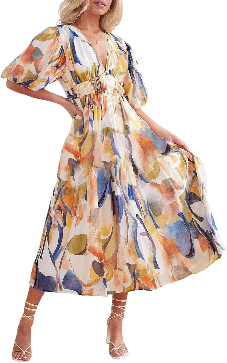 Women's Boho Floral Print Midi Dress Short Sleeve Summer Long Dress