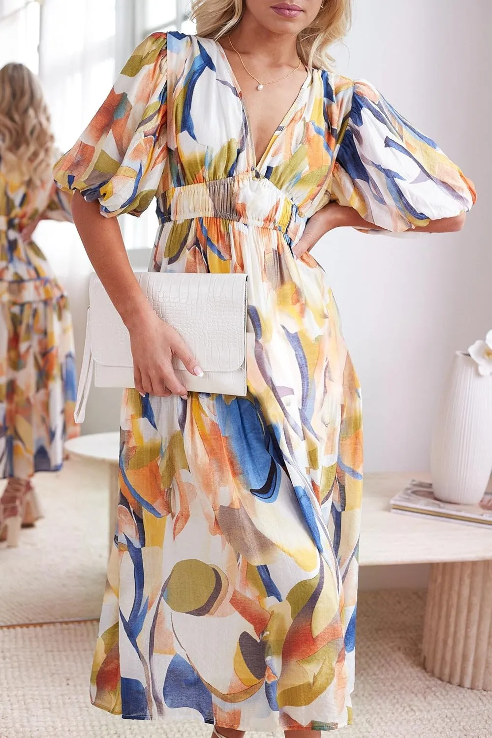 Women's Boho Floral Print Midi Dress Short Sleeve Summer Long Dress