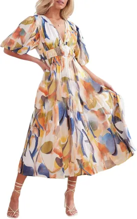 Women's Boho Floral Print Midi Dress Short Sleeve Summer Long Dress