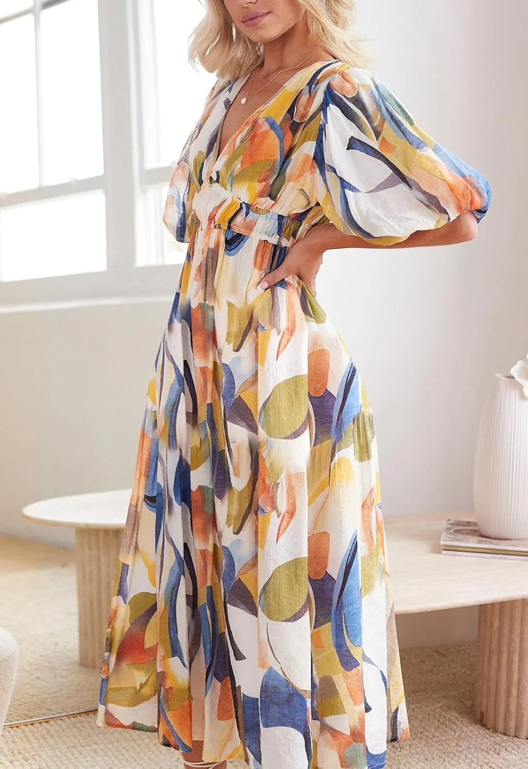 Women's Boho Floral Print Midi Dress Short Sleeve Summer Long Dress