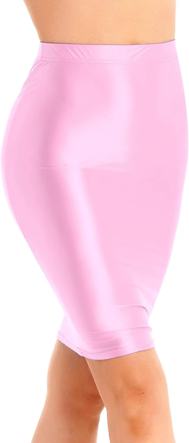 Womens Glossy High Waist Pencil Skirt Below Knee Length Skirt Stretchy Midi Bodycon Skirt
