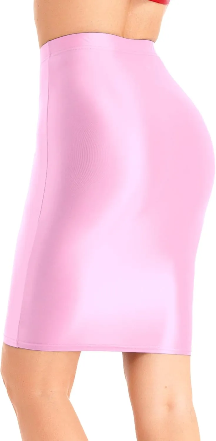 Womens Glossy High Waist Pencil Skirt Below Knee Length Skirt Stretchy Midi Bodycon Skirt