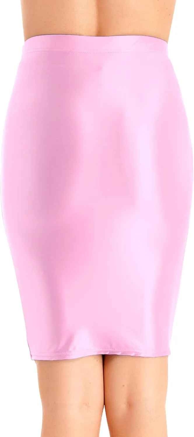 Womens Glossy High Waist Pencil Skirt Below Knee Length Skirt Stretchy Midi Bodycon Skirt