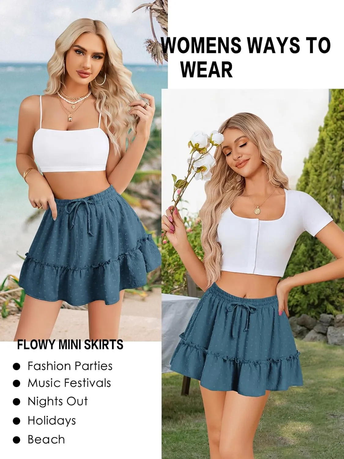 Women's High Waist Ruffle Mini Skirt Built in Shorts A Line Flowy Boho Skirt with Pockets