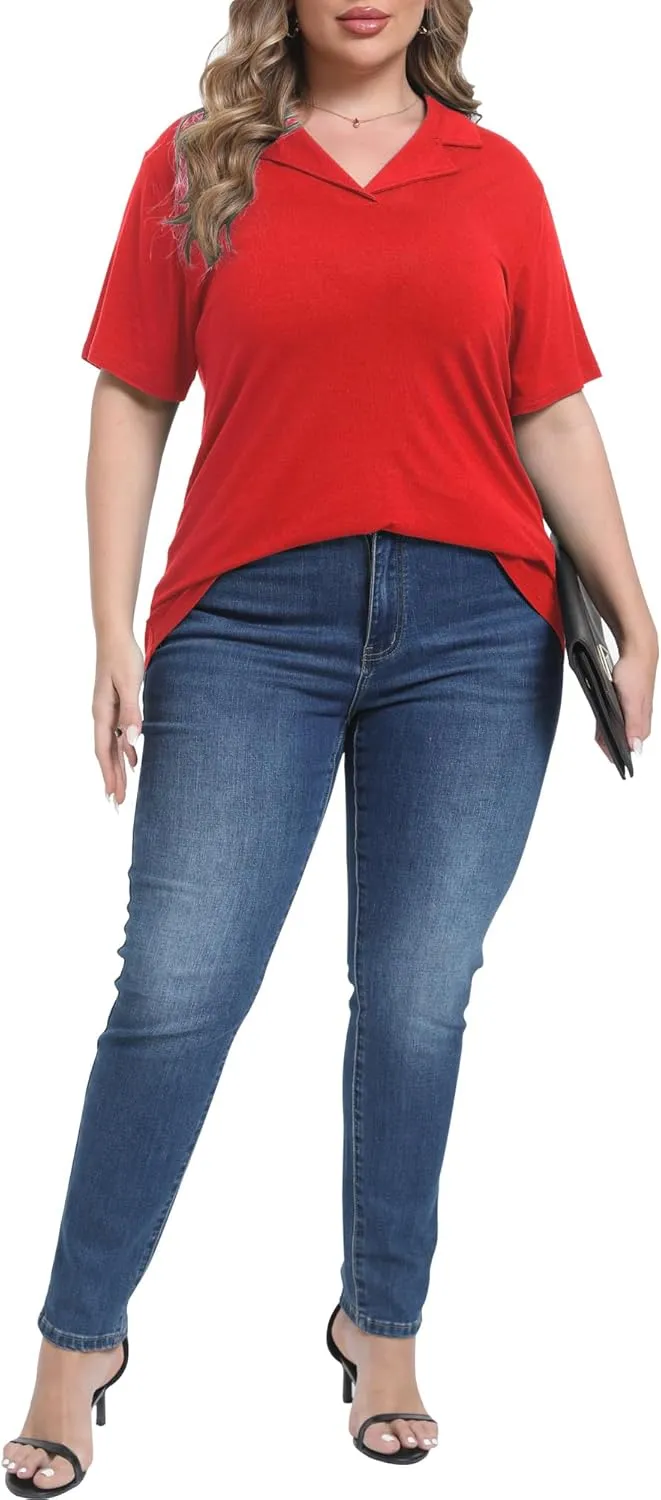 Womens Plus Size Collared Neck Polo Shirts Summer Short Sleeve Tops Loose Work Casual Dressy T Shirts