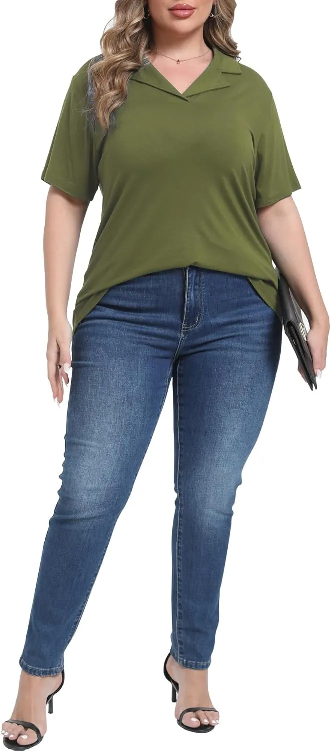 Womens Plus Size Collared Neck Polo Shirts Summer Short Sleeve Tops Loose Work Casual Dressy T Shirts