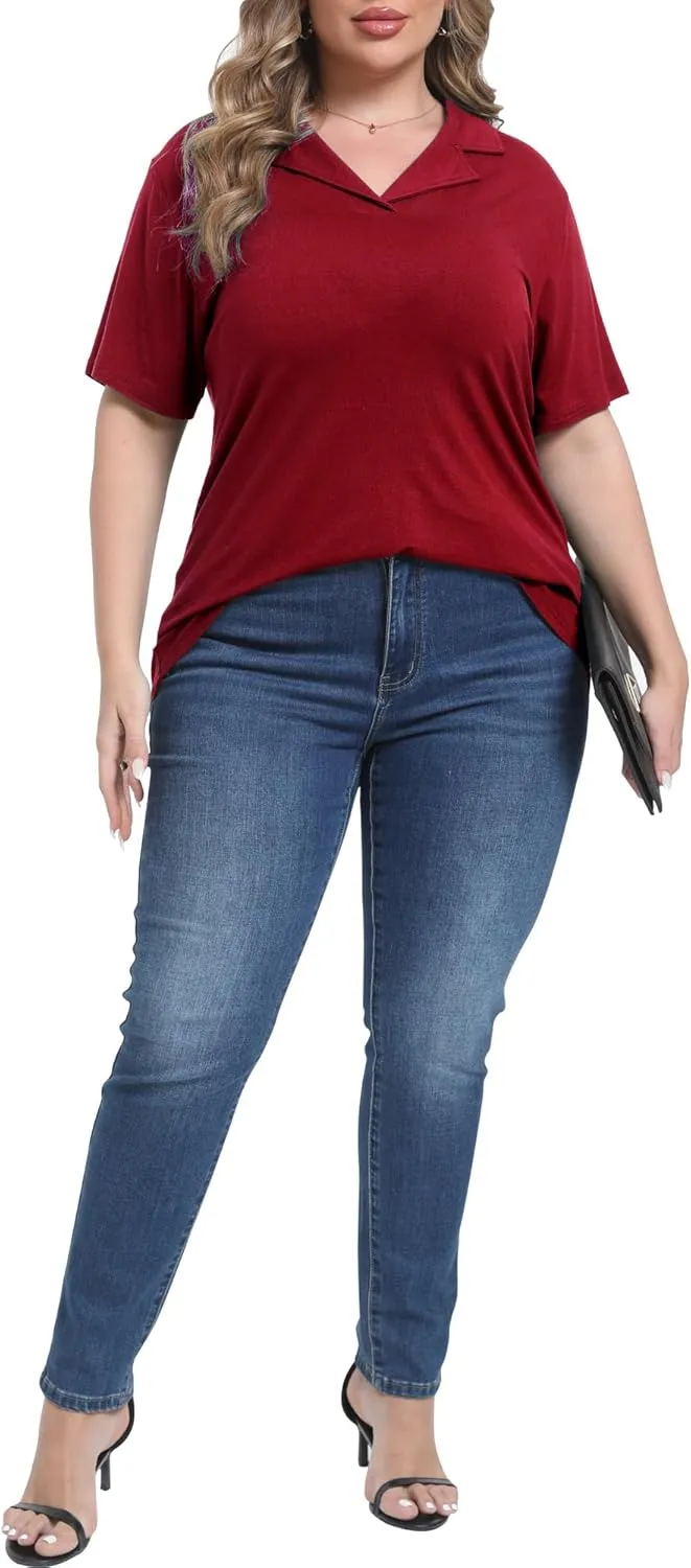 Womens Plus Size Collared Neck Polo Shirts Summer Short Sleeve Tops Loose Work Casual Dressy T Shirts