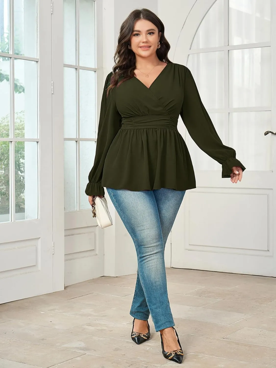 Women's Plus Size Tops Wrap Blouse V Neck Long Sleeve Ruffle Peplum Tops Casual Ruched Top