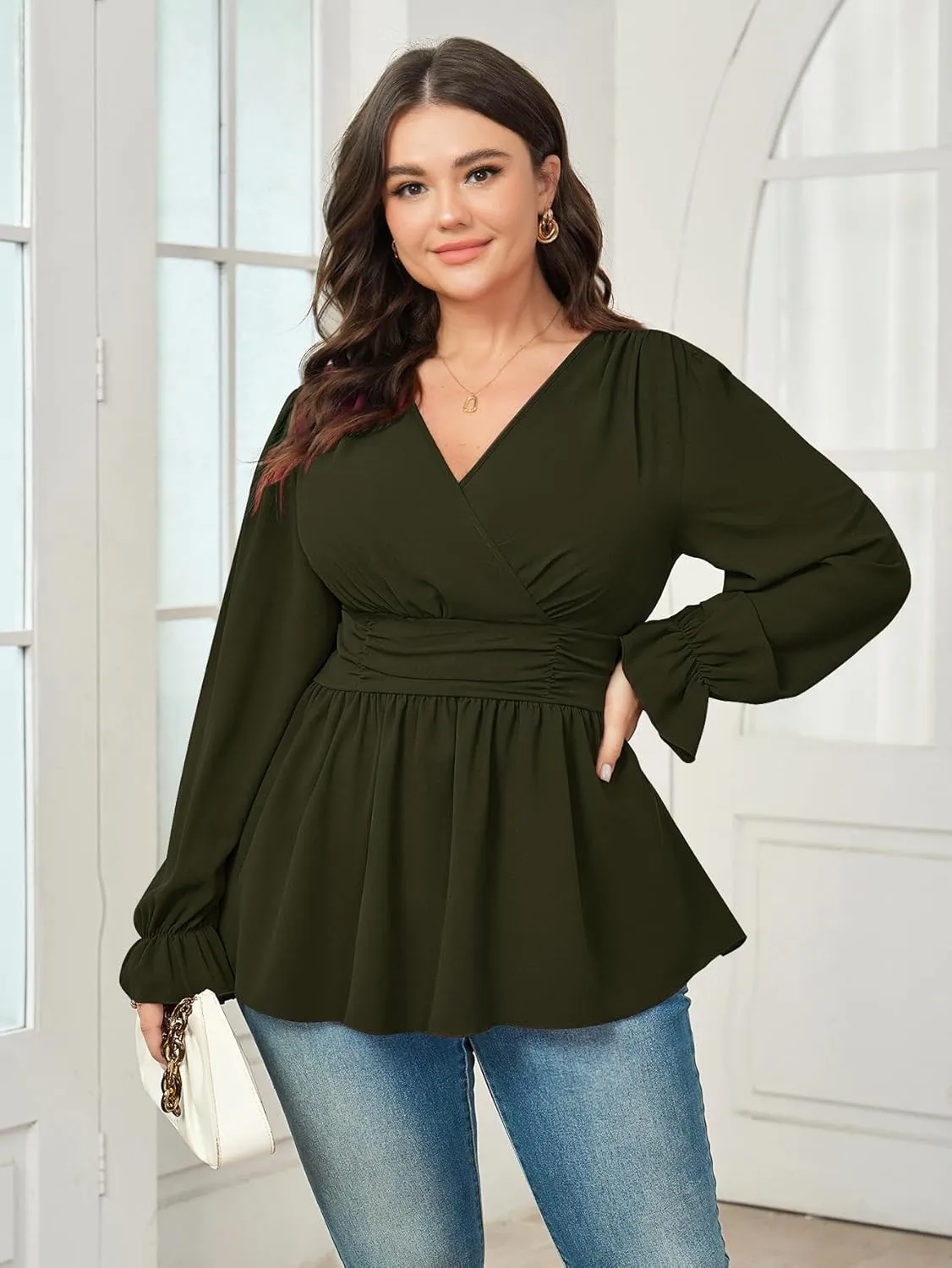 Women's Plus Size Tops Wrap Blouse V Neck Long Sleeve Ruffle Peplum Tops Casual Ruched Top