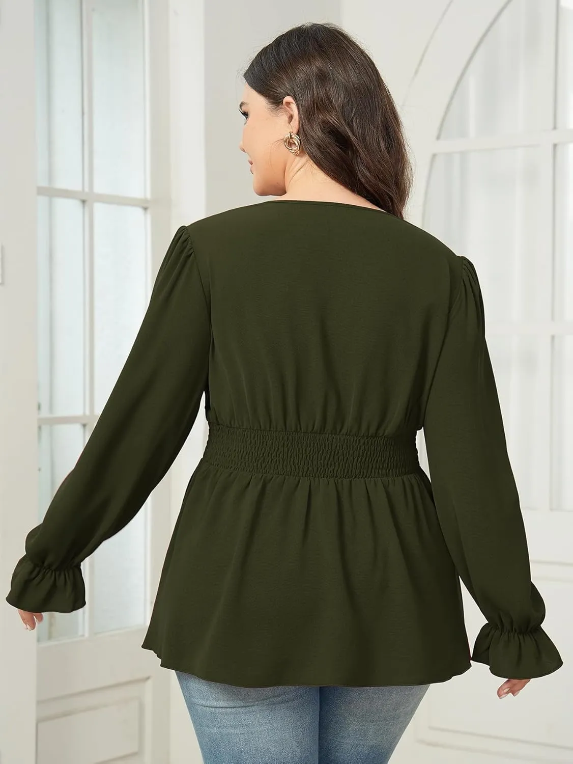 Women's Plus Size Tops Wrap Blouse V Neck Long Sleeve Ruffle Peplum Tops Casual Ruched Top