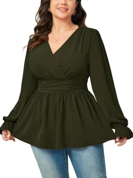 Women's Plus Size Tops Wrap Blouse V Neck Long Sleeve Ruffle Peplum Tops Casual Ruched Top