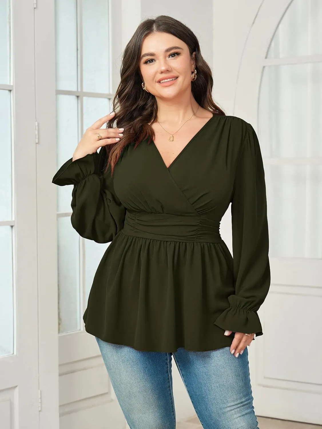 Women's Plus Size Tops Wrap Blouse V Neck Long Sleeve Ruffle Peplum Tops Casual Ruched Top