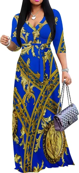 Women's Print Maxi Dresses 3/4 Sleeves Flowy Long Dress V Neck Wrap Tie Waist Sundress