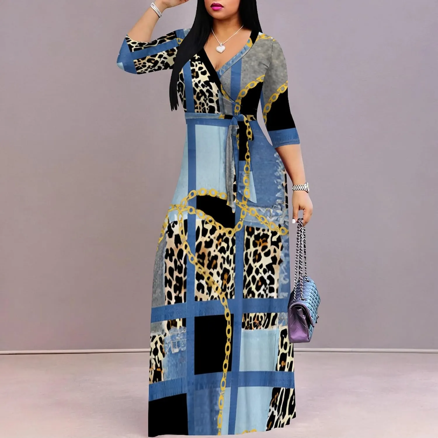 Women's Print Maxi Dresses 3/4 Sleeves Flowy Long Dress V Neck Wrap Tie Waist Sundress