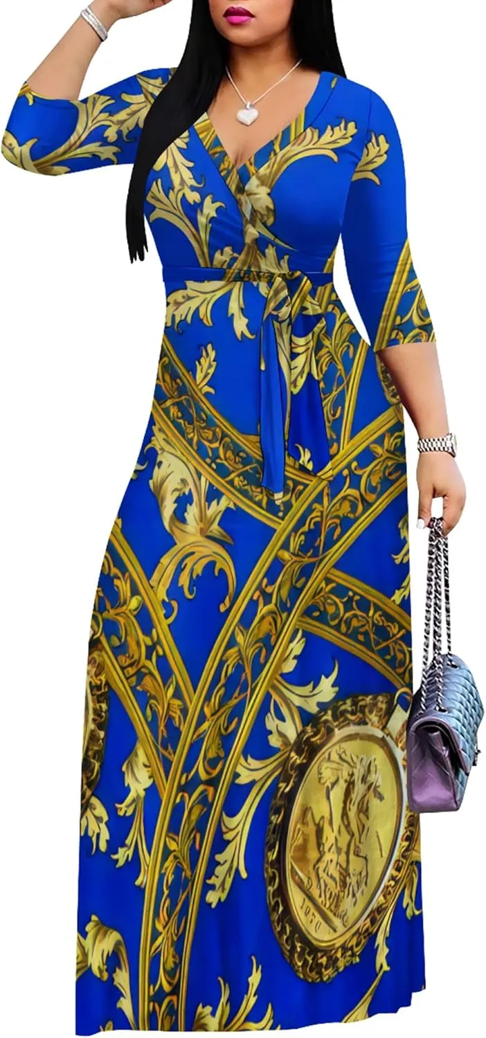 Women's Print Maxi Dresses 3/4 Sleeves Flowy Long Dress V Neck Wrap Tie Waist Sundress