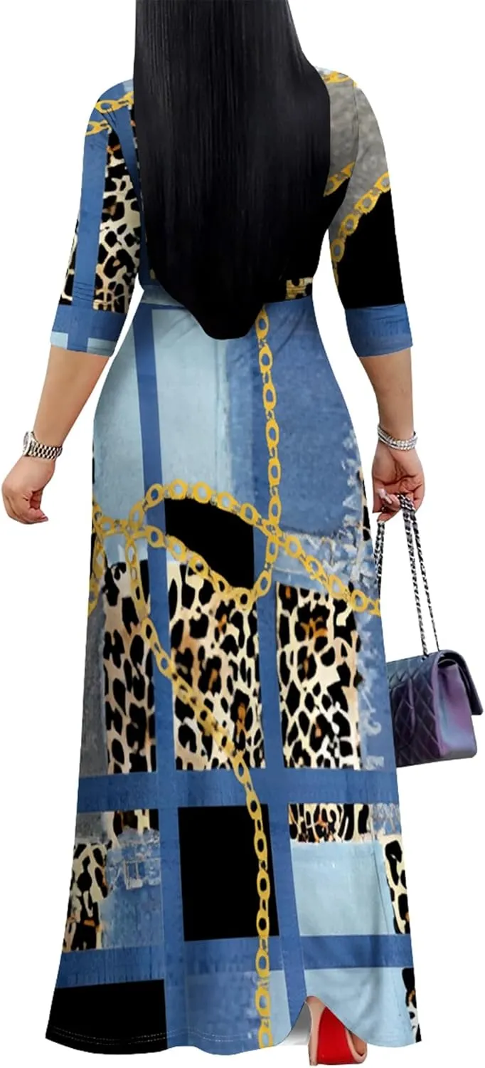 Women's Print Maxi Dresses 3/4 Sleeves Flowy Long Dress V Neck Wrap Tie Waist Sundress