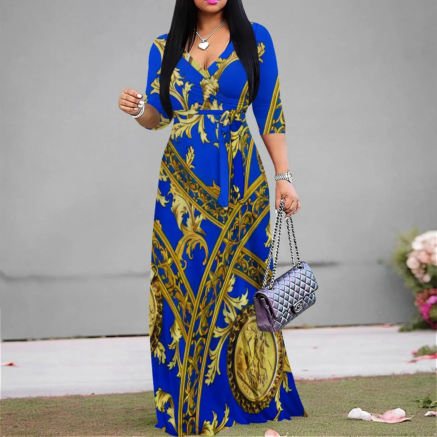 Women's Print Maxi Dresses 3/4 Sleeves Flowy Long Dress V Neck Wrap Tie Waist Sundress