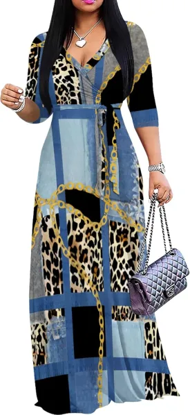 Women's Print Maxi Dresses 3/4 Sleeves Flowy Long Dress V Neck Wrap Tie Waist Sundress