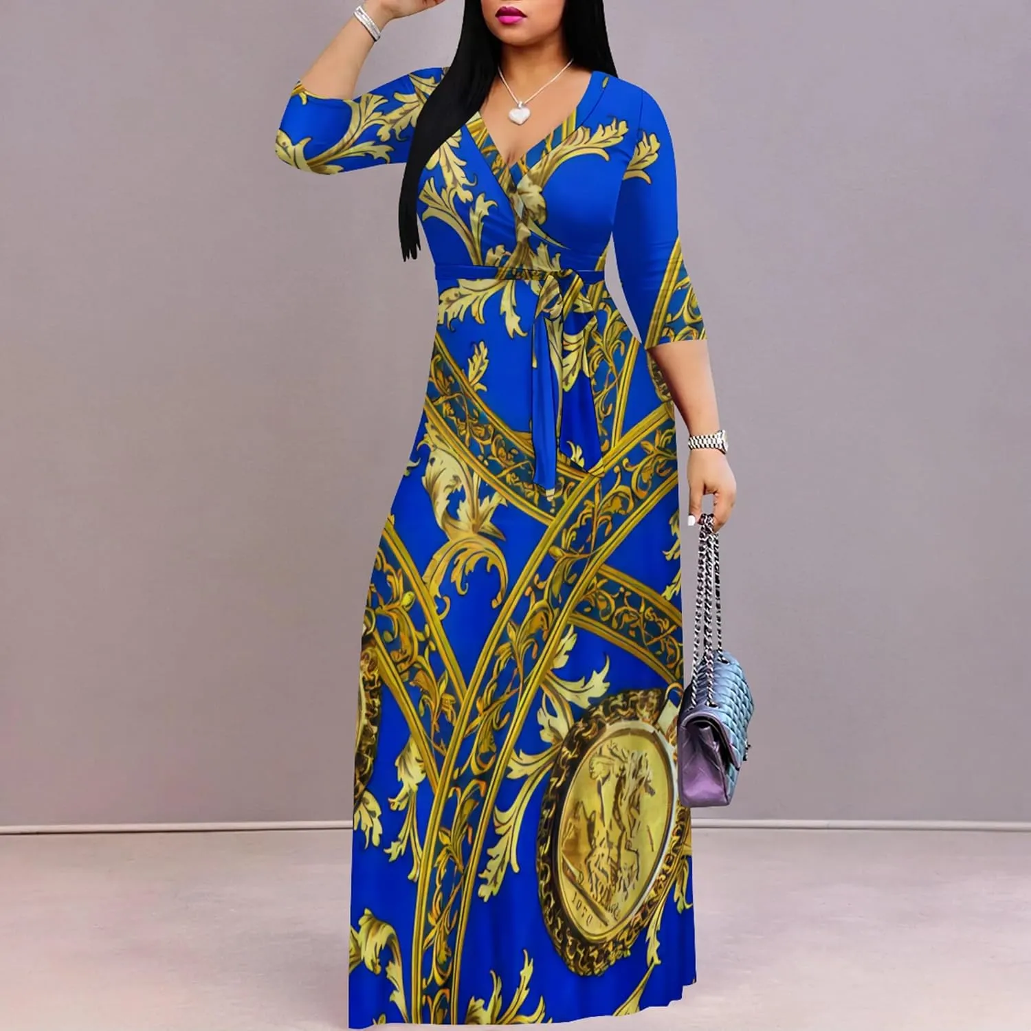 Women's Print Maxi Dresses 3/4 Sleeves Flowy Long Dress V Neck Wrap Tie Waist Sundress