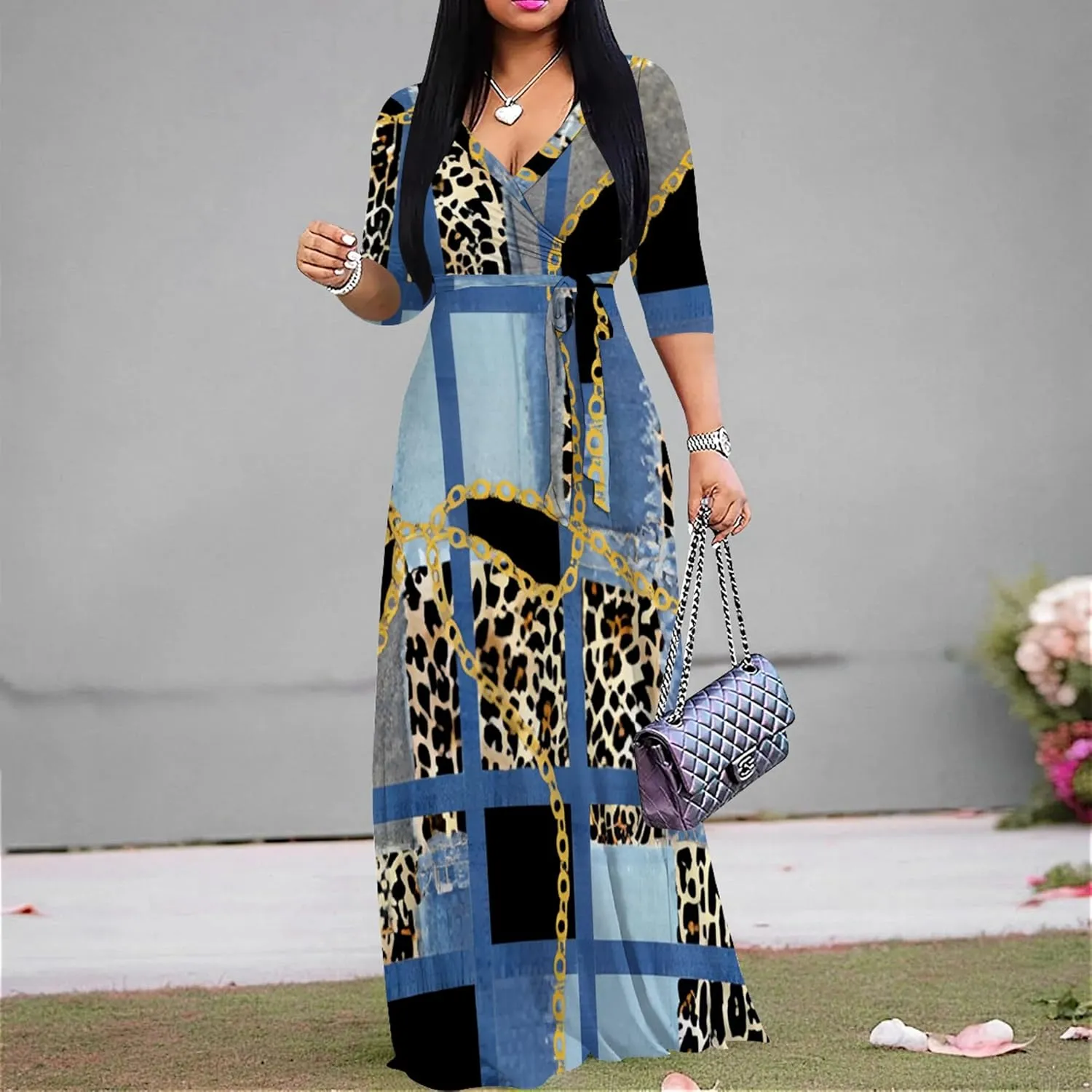 Women's Print Maxi Dresses 3/4 Sleeves Flowy Long Dress V Neck Wrap Tie Waist Sundress