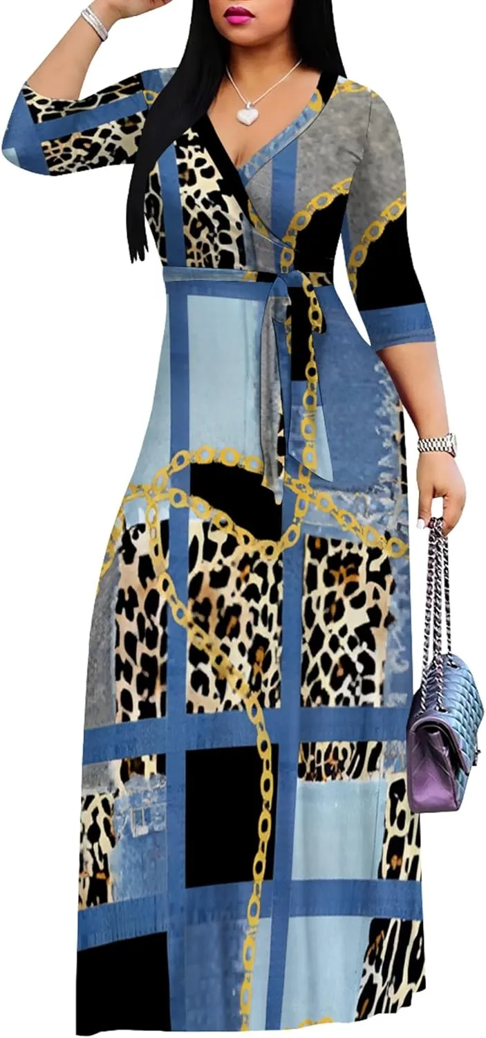 Women's Print Maxi Dresses 3/4 Sleeves Flowy Long Dress V Neck Wrap Tie Waist Sundress