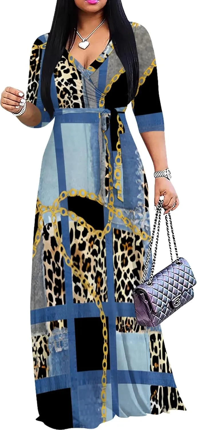 Women's Print Maxi Dresses 3/4 Sleeves Flowy Long Dress V Neck Wrap Tie Waist Sundress