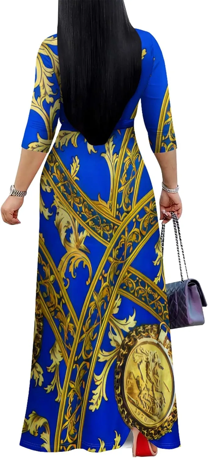 Women's Print Maxi Dresses 3/4 Sleeves Flowy Long Dress V Neck Wrap Tie Waist Sundress