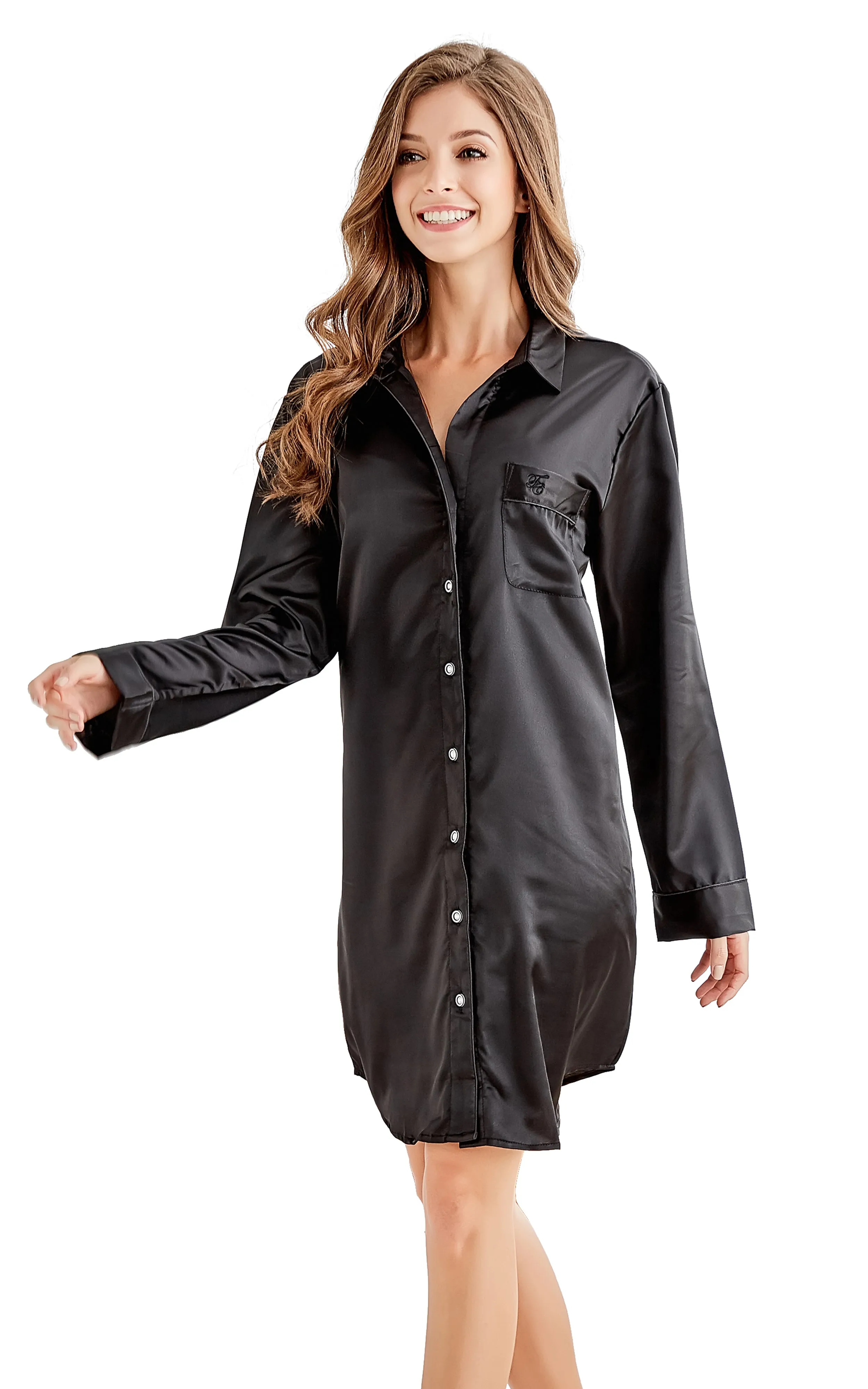 Women's Satin Nightshirt Boyfriend Style Sleep Shirt-Black