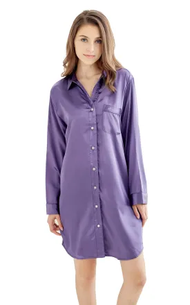 Women's Satin Nightshirt Boyfriend Style Sleep Shirt-Purple