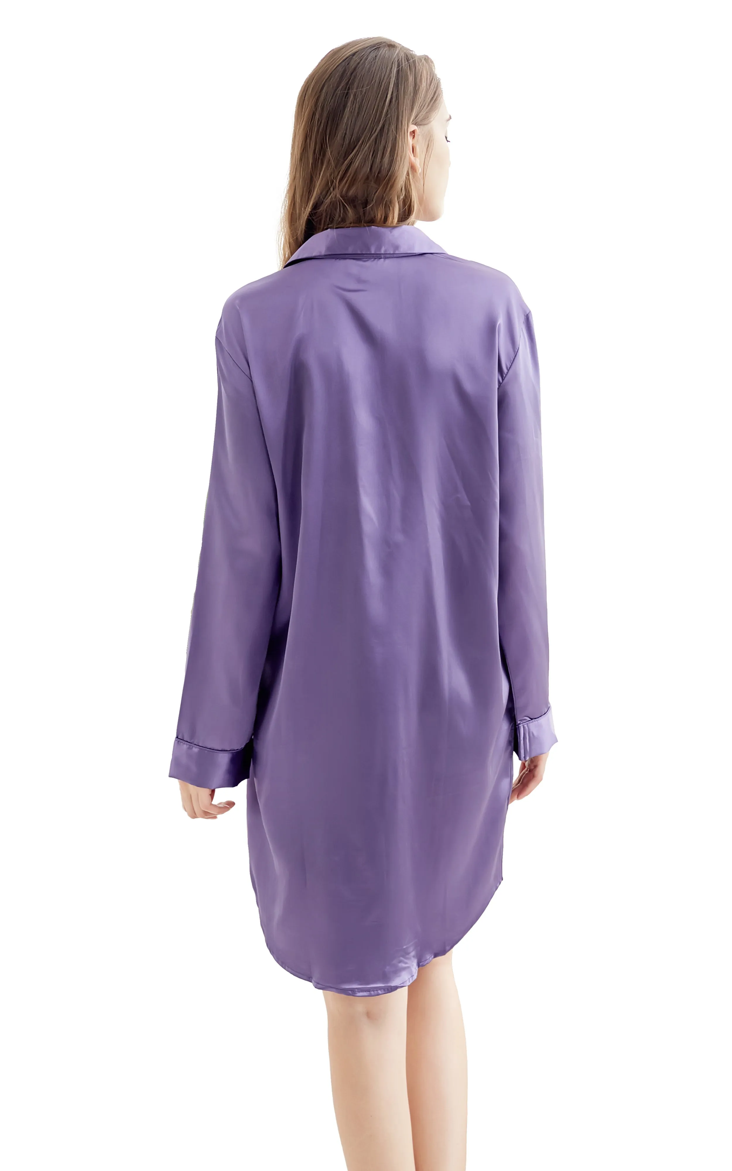 Women's Satin Nightshirt Boyfriend Style Sleep Shirt-Purple