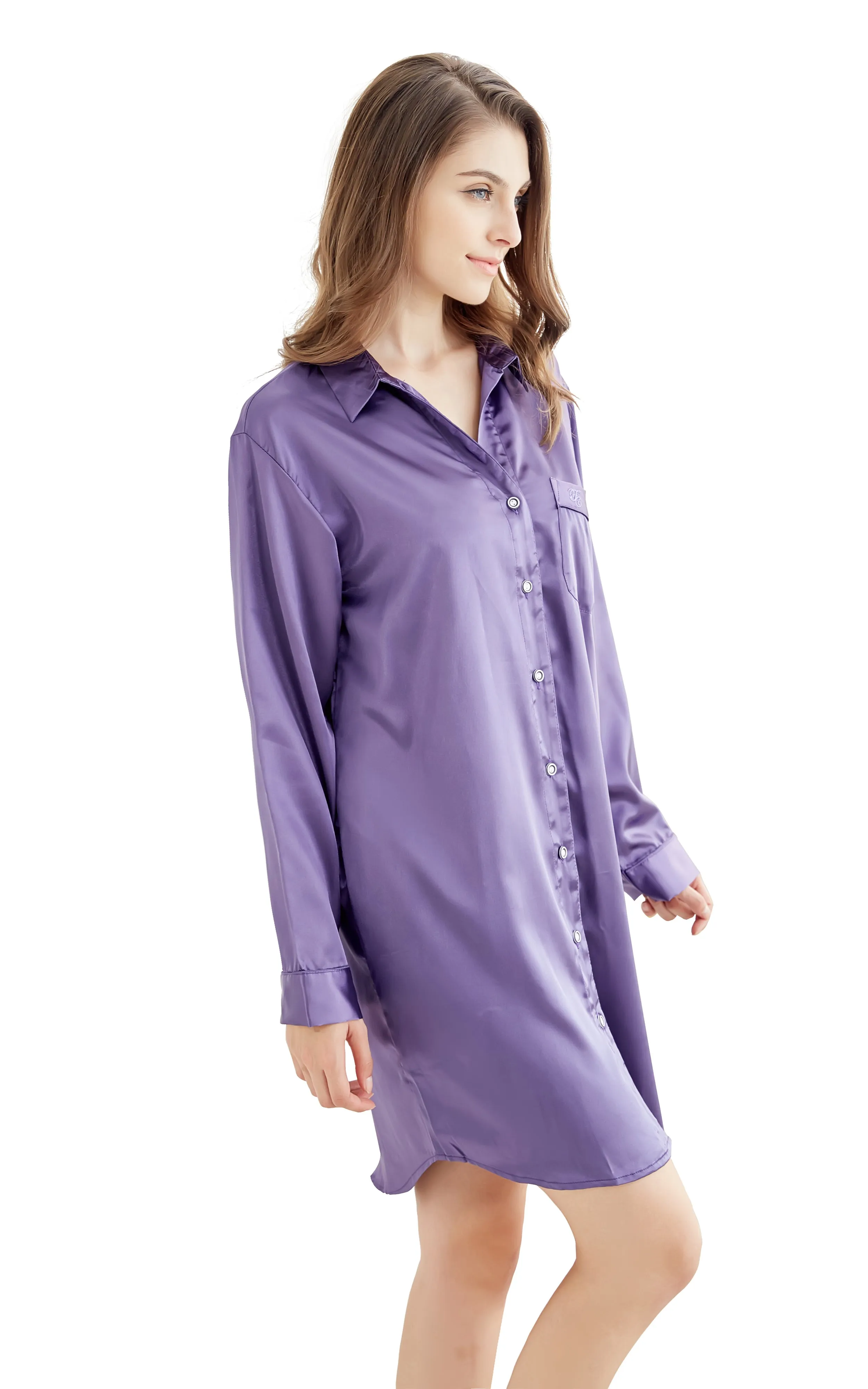 Women's Satin Nightshirt Boyfriend Style Sleep Shirt-Purple