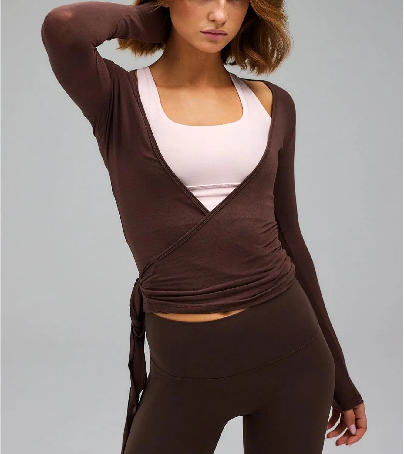 Women's Sexy Deep V Neck Wrap Top Long Sleeve Tie Front Crop Top Bandage Surplice Wrap Blouse Slim Fit Yoga Shirts