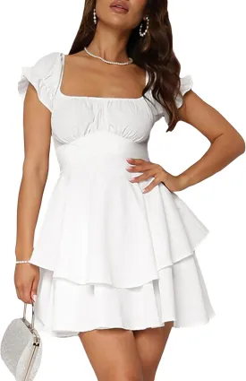 Women's Square Neck Mini Dress Ruffled Sleeves Layered Hem Flowy A Line Dress Smocked Tie Back Swing Short Dress
