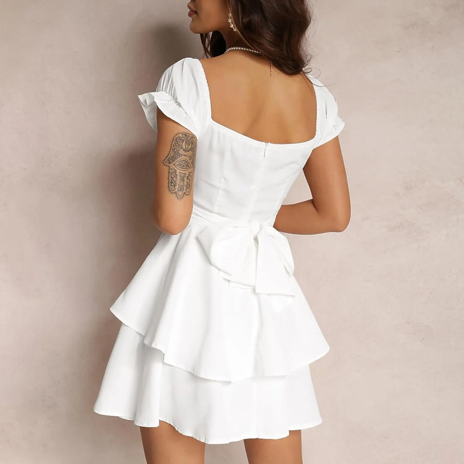 Women's Square Neck Mini Dress Ruffled Sleeves Layered Hem Flowy A Line Dress Smocked Tie Back Swing Short Dress