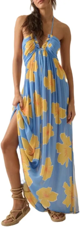Women's Summer Boho Halter Neck Floral Maxi Sundress Sexy Sleeveless Tie Backless Low Cut Long Flowy Ruffle Dress