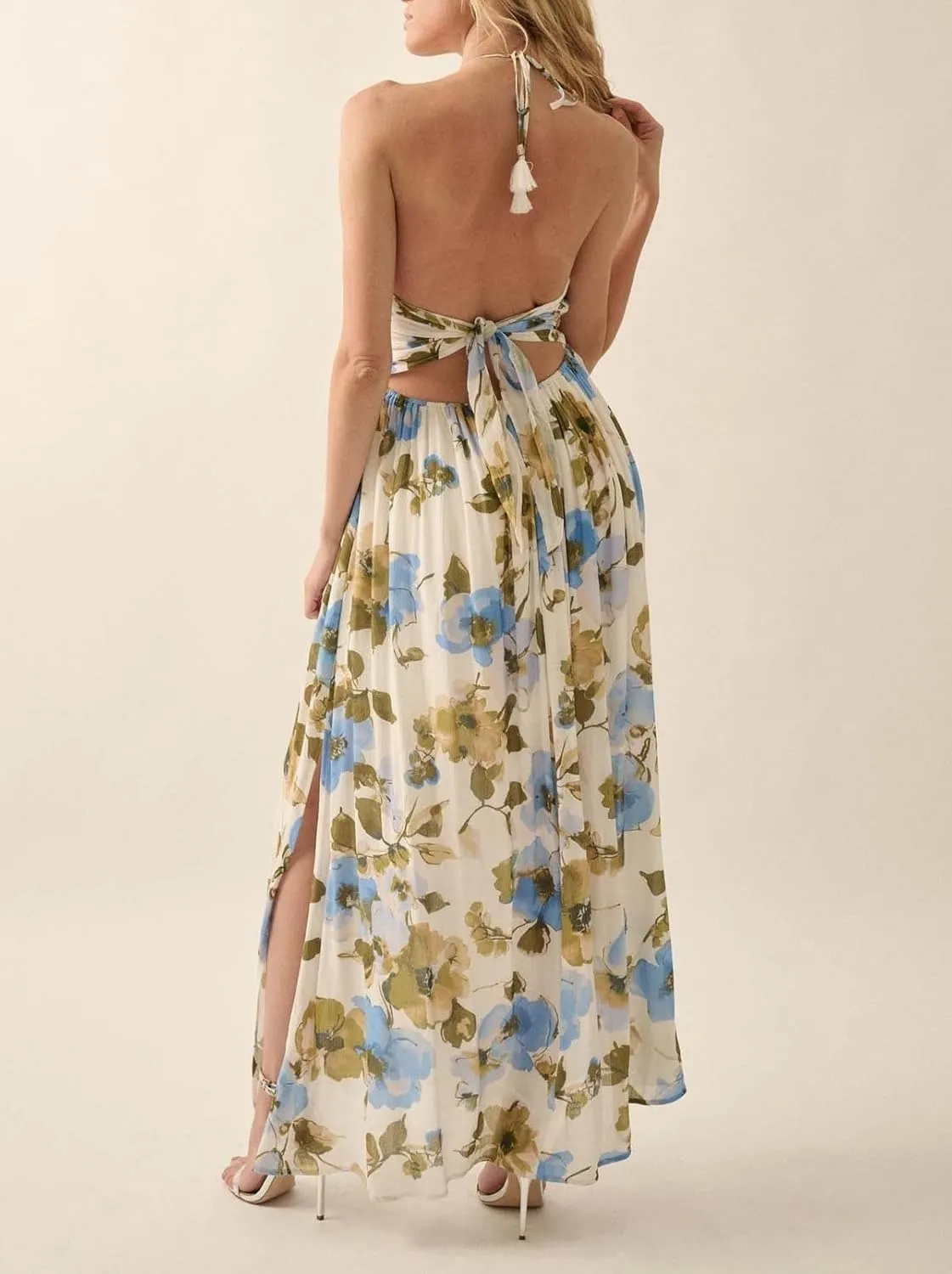 Women's Summer Boho Halter Neck Floral Maxi Sundress Sexy Sleeveless Tie Backless Low Cut Long Flowy Ruffle Dress