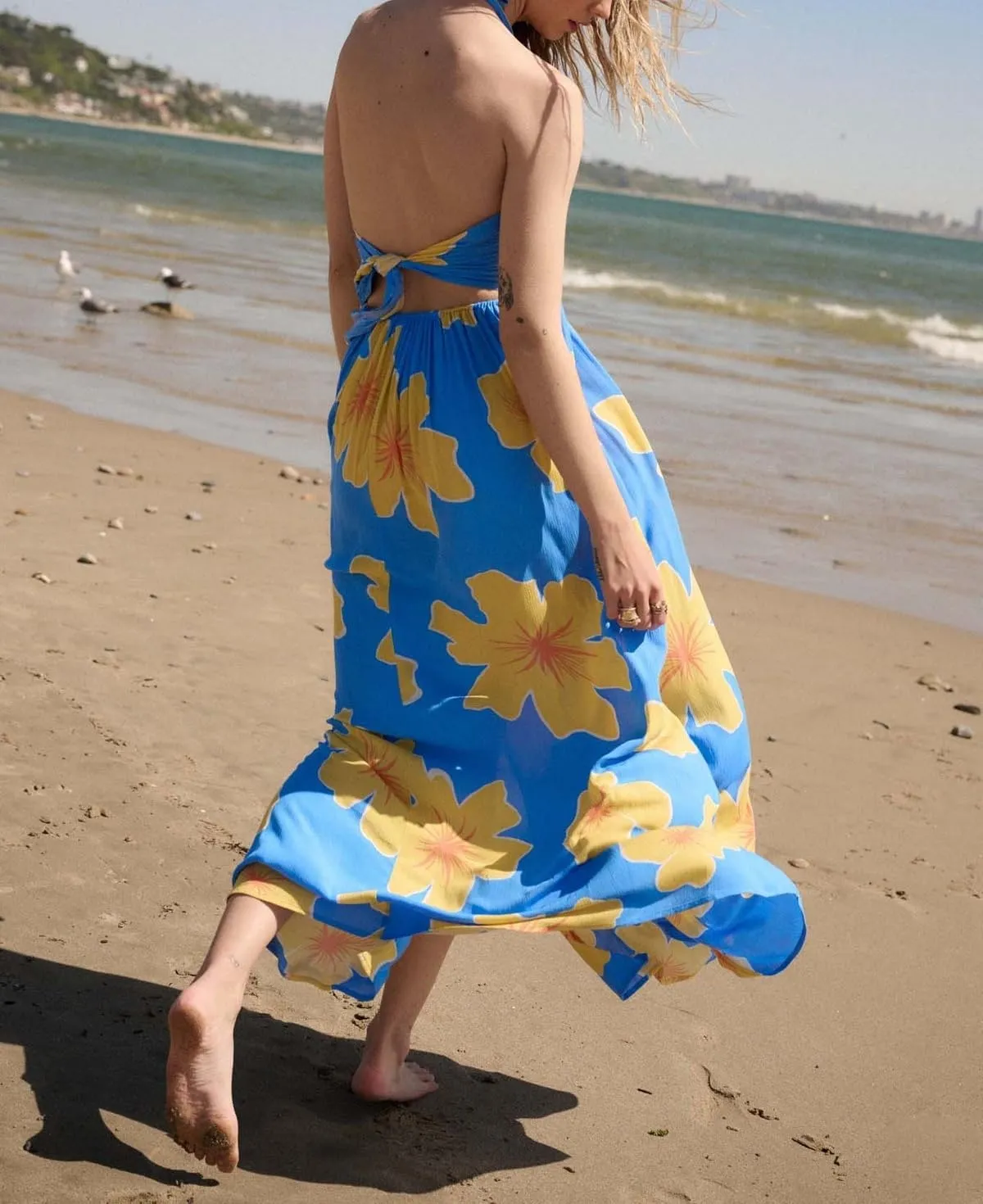Women's Summer Boho Halter Neck Floral Maxi Sundress Sexy Sleeveless Tie Backless Low Cut Long Flowy Ruffle Dress