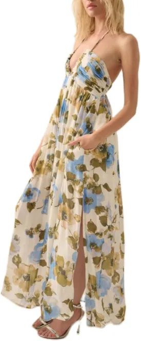Women's Summer Boho Halter Neck Floral Maxi Sundress Sexy Sleeveless Tie Backless Low Cut Long Flowy Ruffle Dress