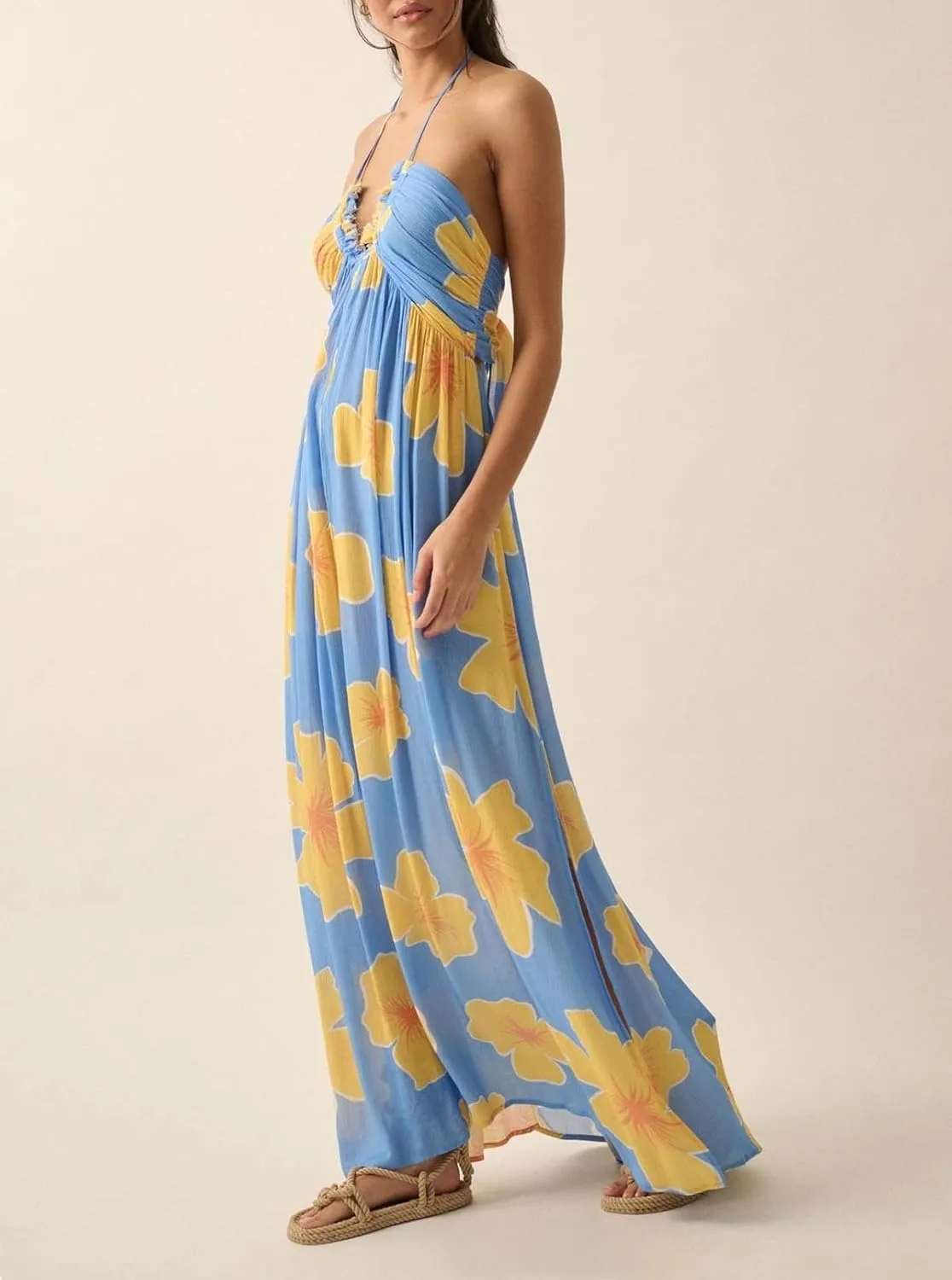 Women's Summer Boho Halter Neck Floral Maxi Sundress Sexy Sleeveless Tie Backless Low Cut Long Flowy Ruffle Dress