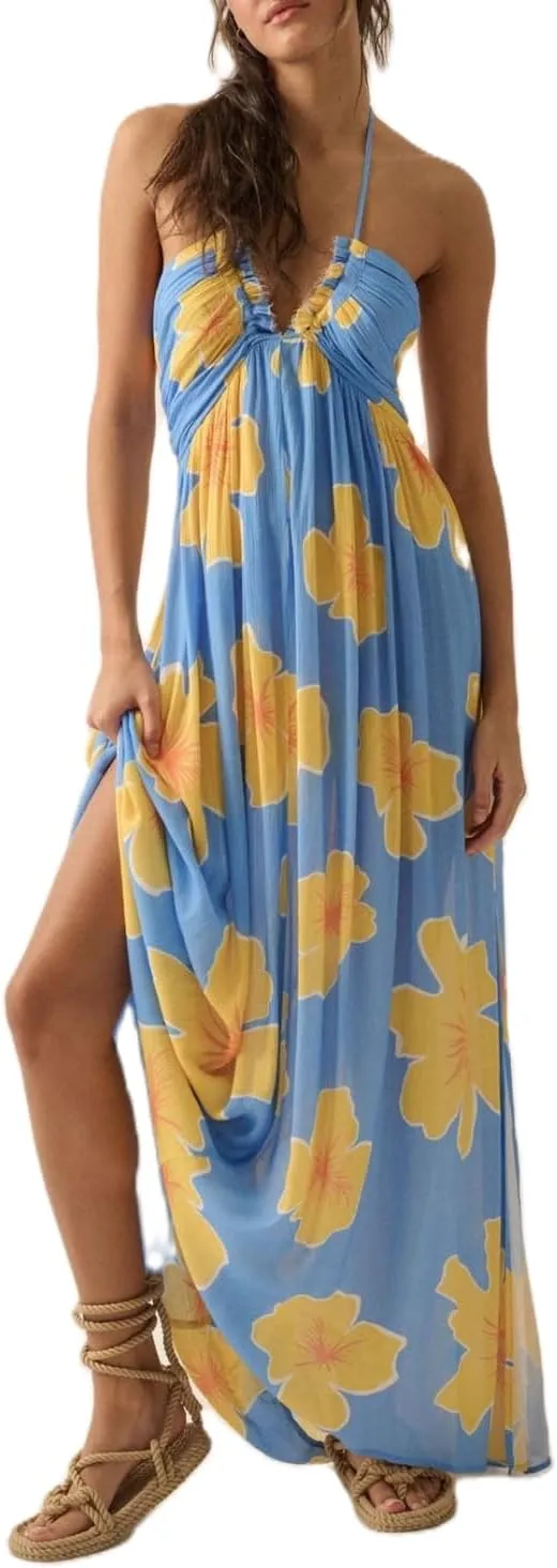 Women's Summer Boho Halter Neck Floral Maxi Sundress Sexy Sleeveless Tie Backless Low Cut Long Flowy Ruffle Dress