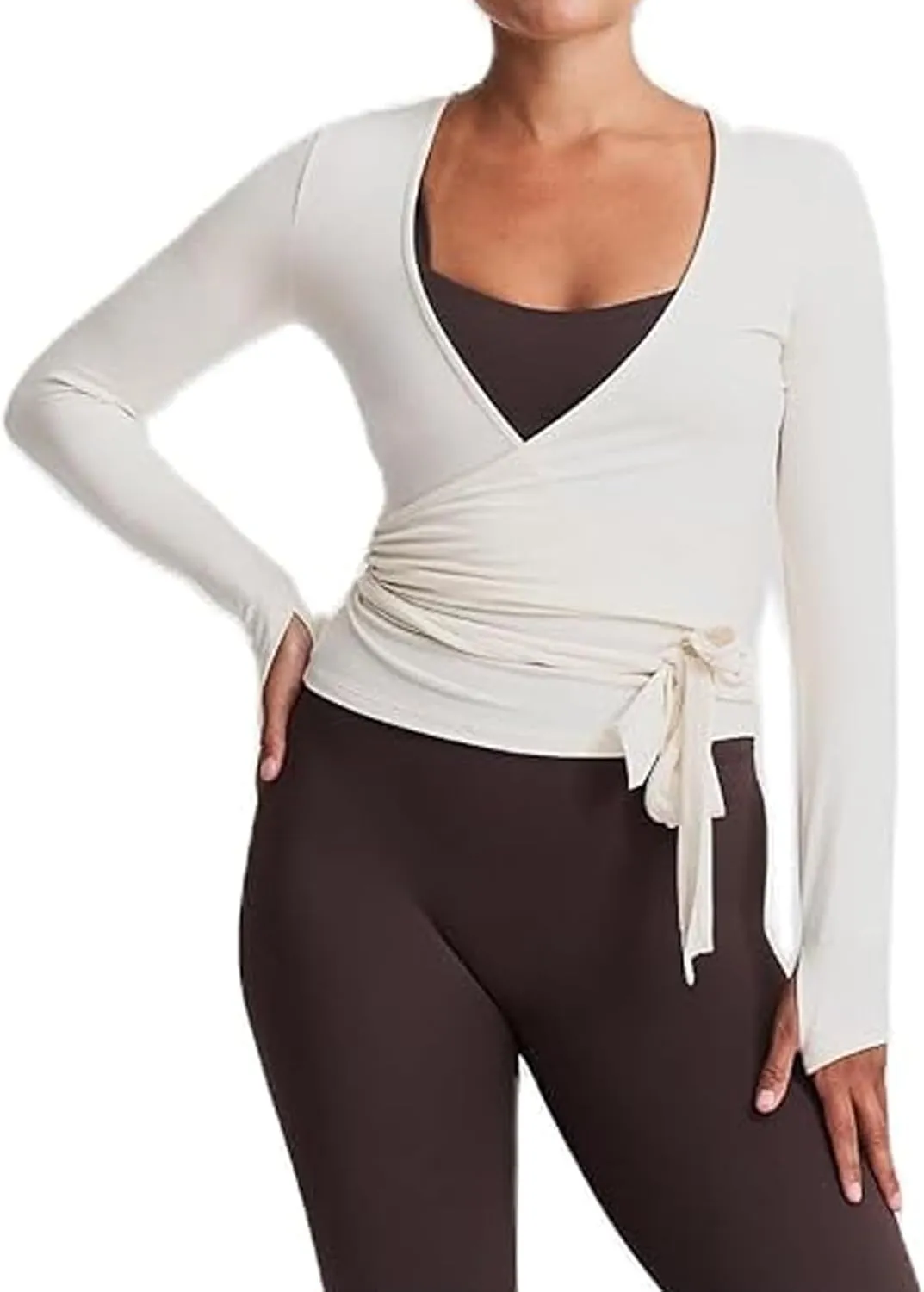 Women's Yoga Shirts Wrap Ruched Tie Front Long Sleeve Workout T Shirts Sexy Deep V Neck Slim Fit Casual Cropped Top