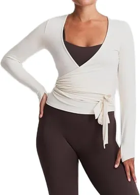 Women's Yoga Shirts Wrap Ruched Tie Front Long Sleeve Workout T Shirts Sexy Deep V Neck Slim Fit Casual Cropped Top