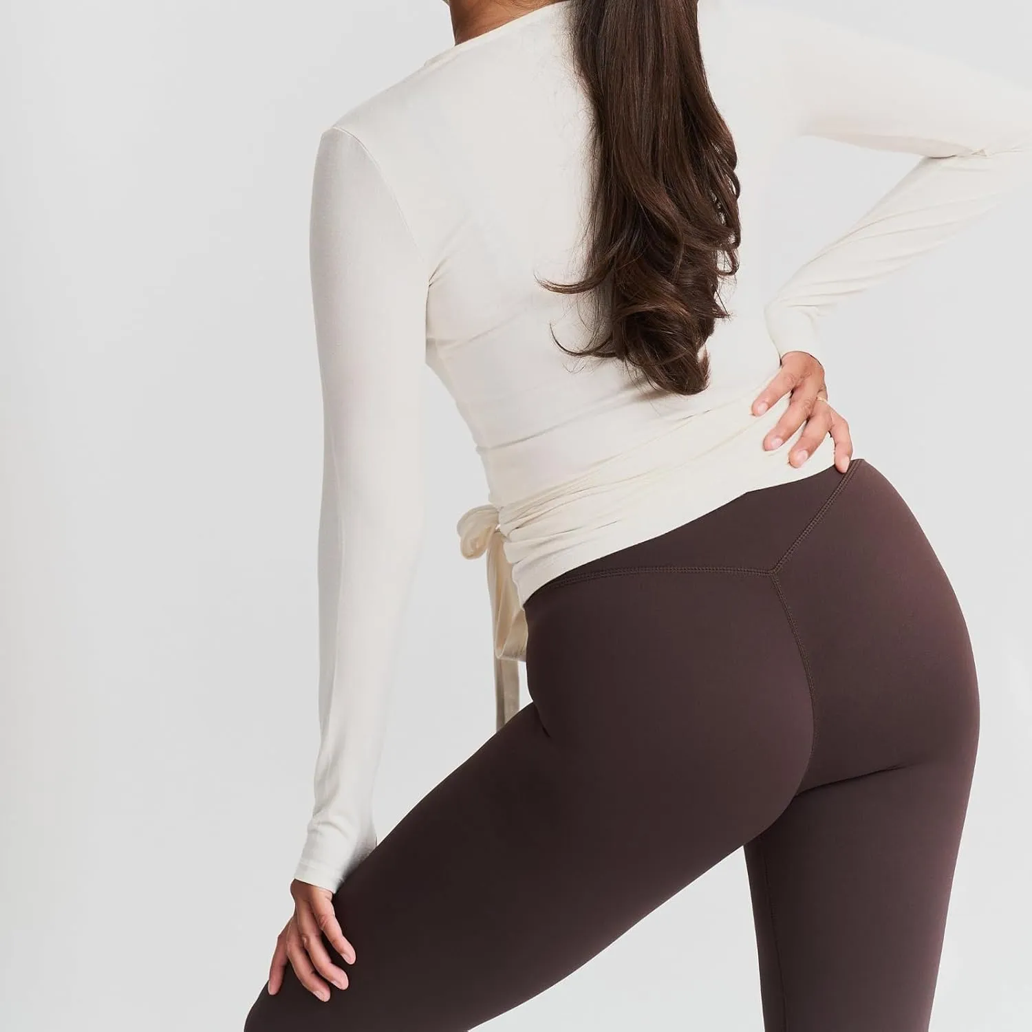 Women's Yoga Shirts Wrap Ruched Tie Front Long Sleeve Workout T Shirts Sexy Deep V Neck Slim Fit Casual Cropped Top