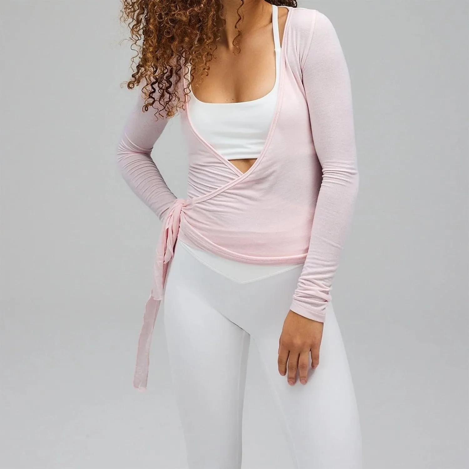 Women's Yoga Shirts Wrap Ruched Tie Front Long Sleeve Workout T Shirts Sexy Deep V Neck Slim Fit Casual Cropped Top