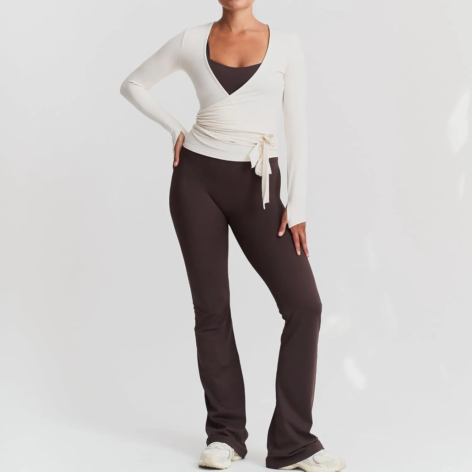 Women's Yoga Shirts Wrap Ruched Tie Front Long Sleeve Workout T Shirts Sexy Deep V Neck Slim Fit Casual Cropped Top