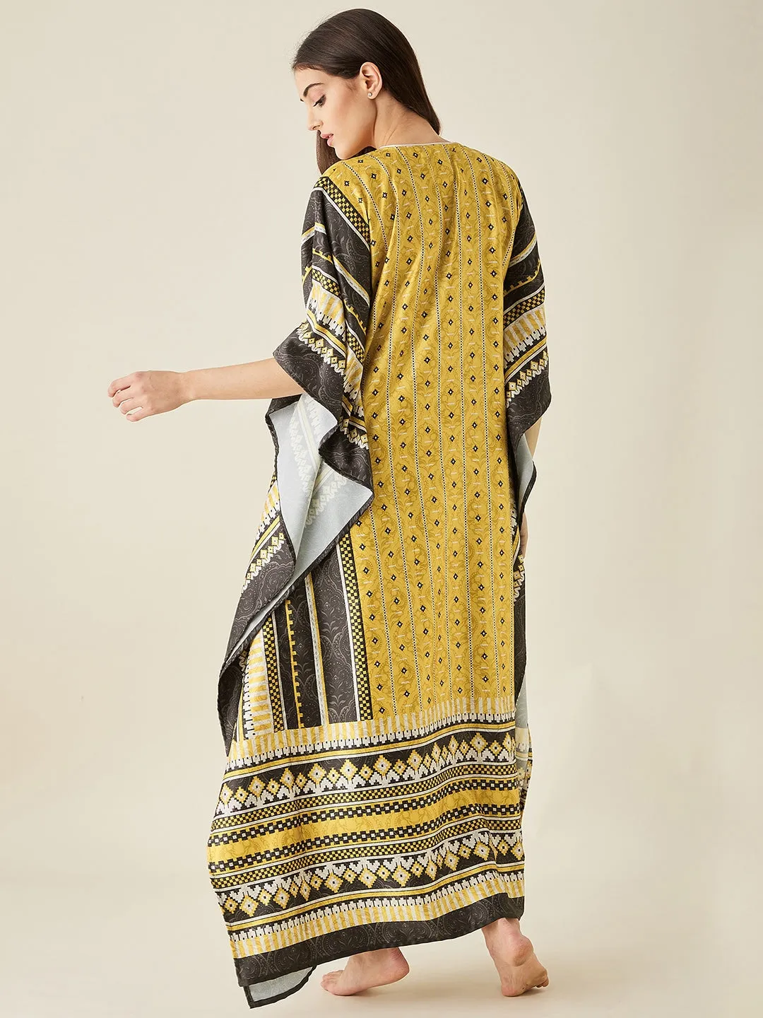 Yellow Geometric Fusion Satin Kaftan Nightdress  - The Kaftan Company