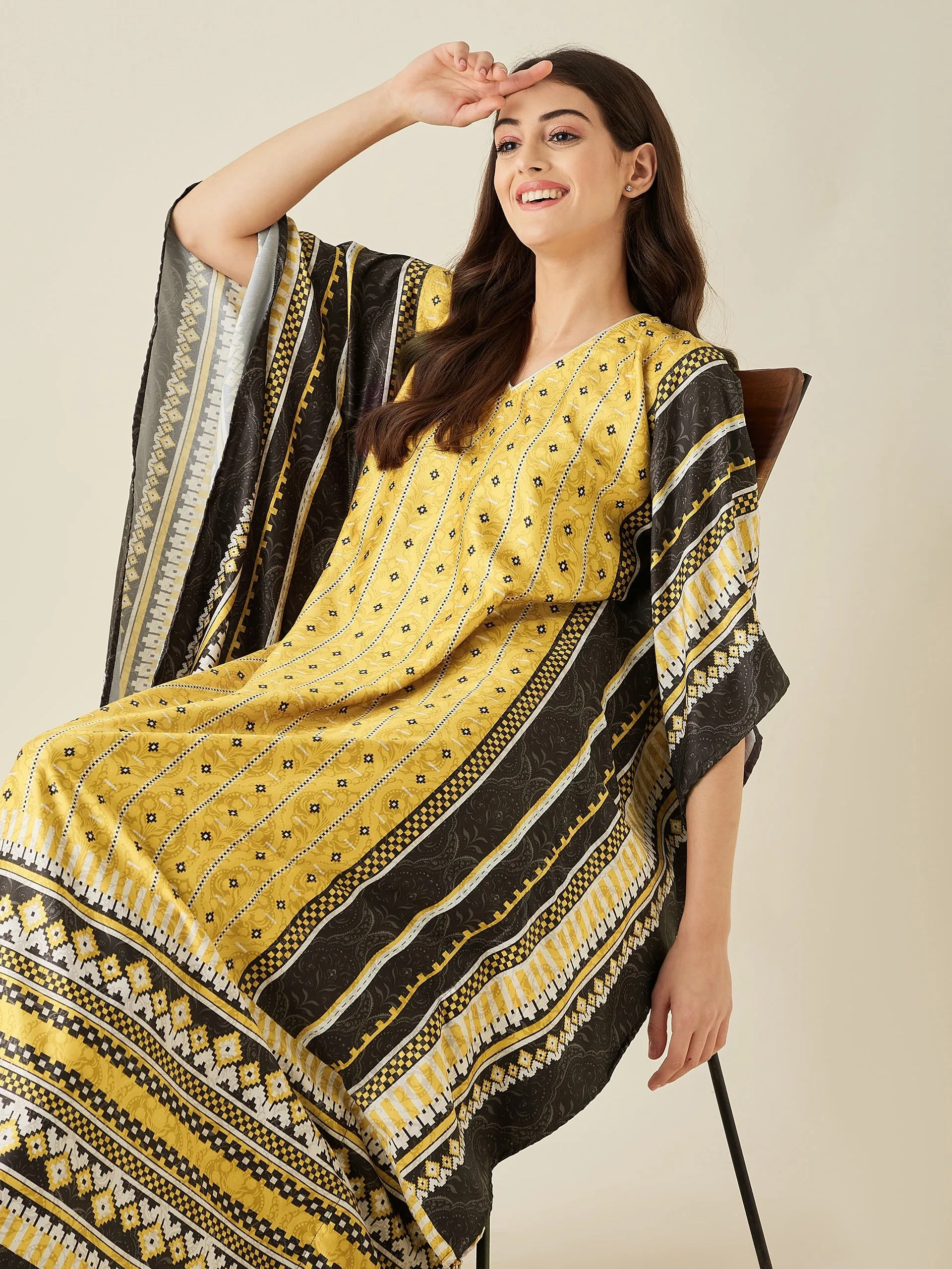 Yellow Geometric Fusion Satin Kaftan Nightdress  - The Kaftan Company