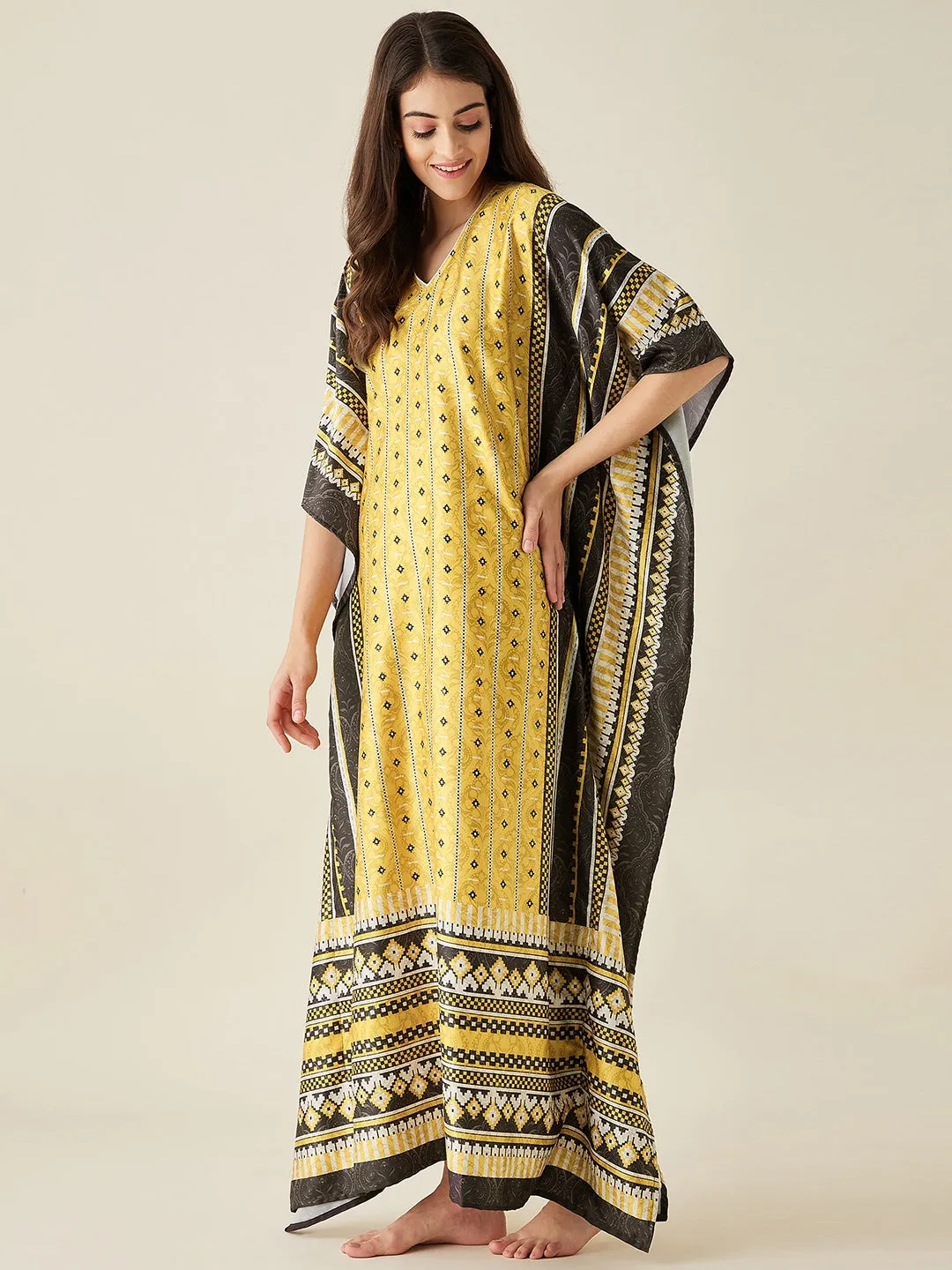 Yellow Geometric Fusion Satin Kaftan Nightdress  - The Kaftan Company